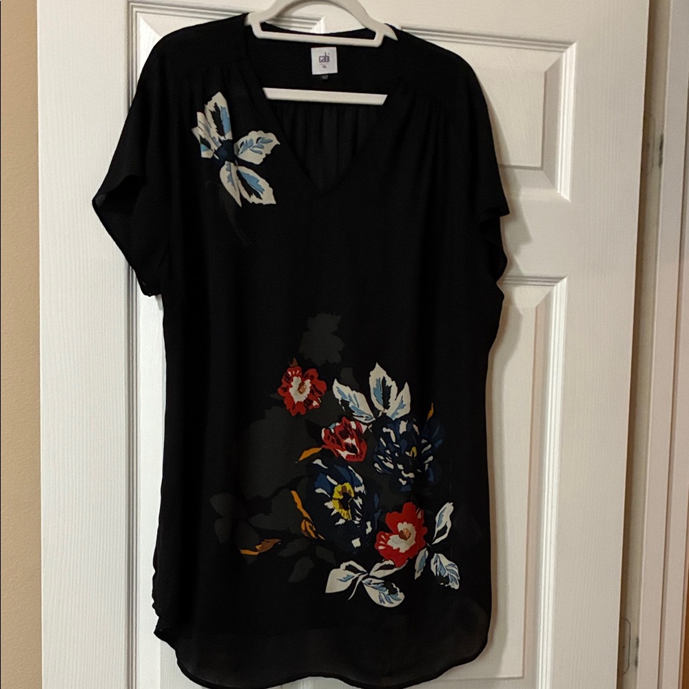 CAbi Black Top with Colorful Floral Design